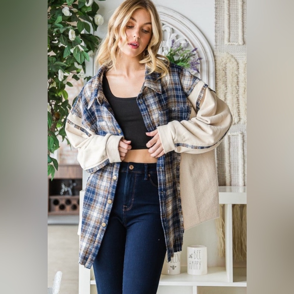 Oli & Hali Washed Plaid and Terry Cloth Mix Button Up Snap Top Jacket size Large
